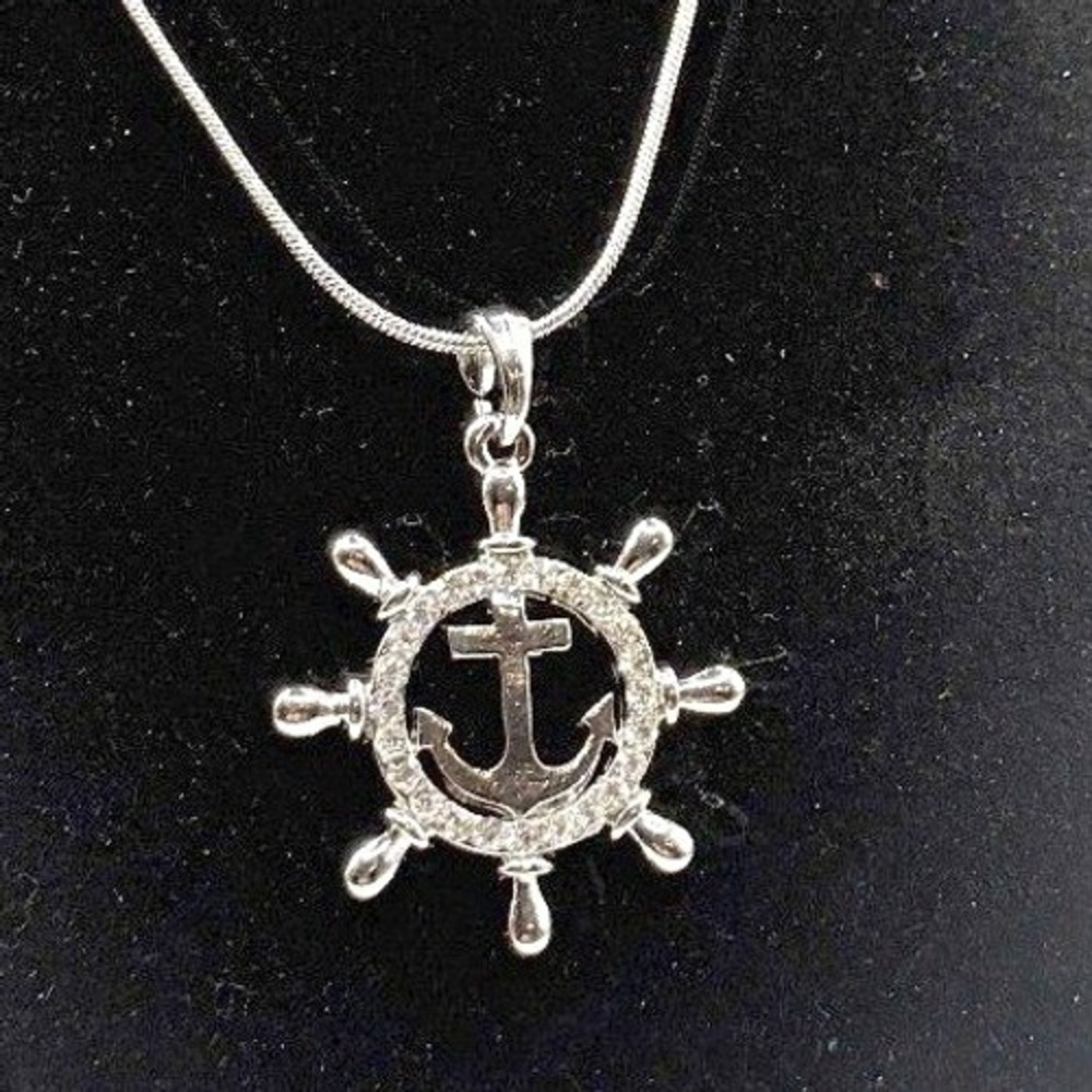 NWT Silver Tone Nautical‎ Ship Wheel Rhinestone Pendant 17" Snake Chain Necklace